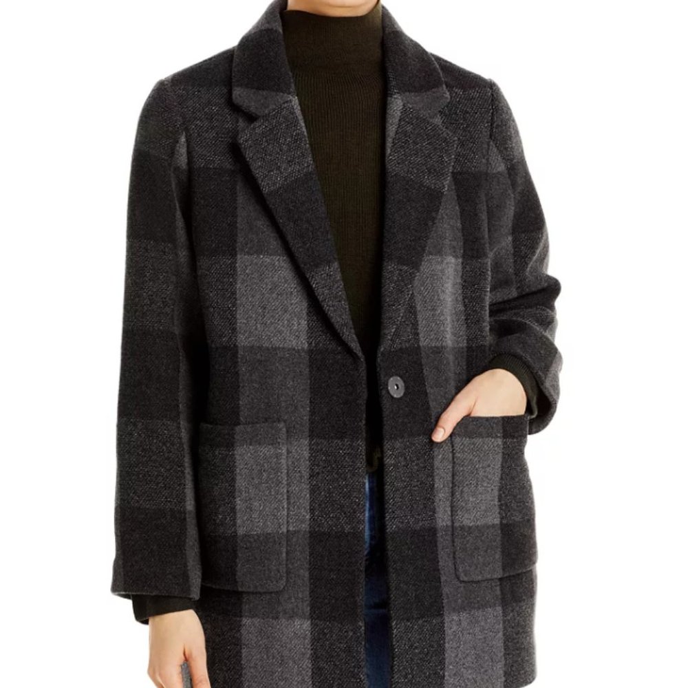 NWT Eileen Fisher Plaid Notch Collar Coat in Gray size L Snap Button with Pocket